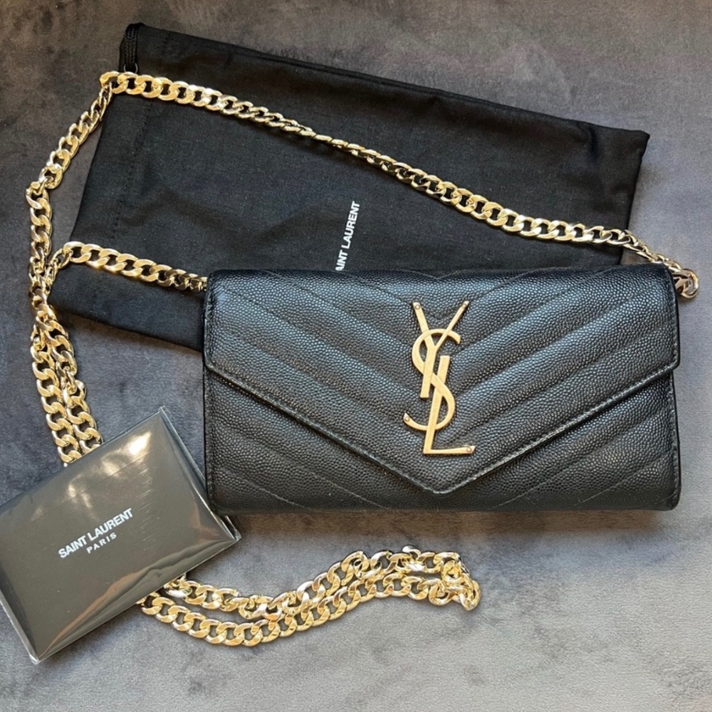 Black YSL cassandre flap wallet on gold chain